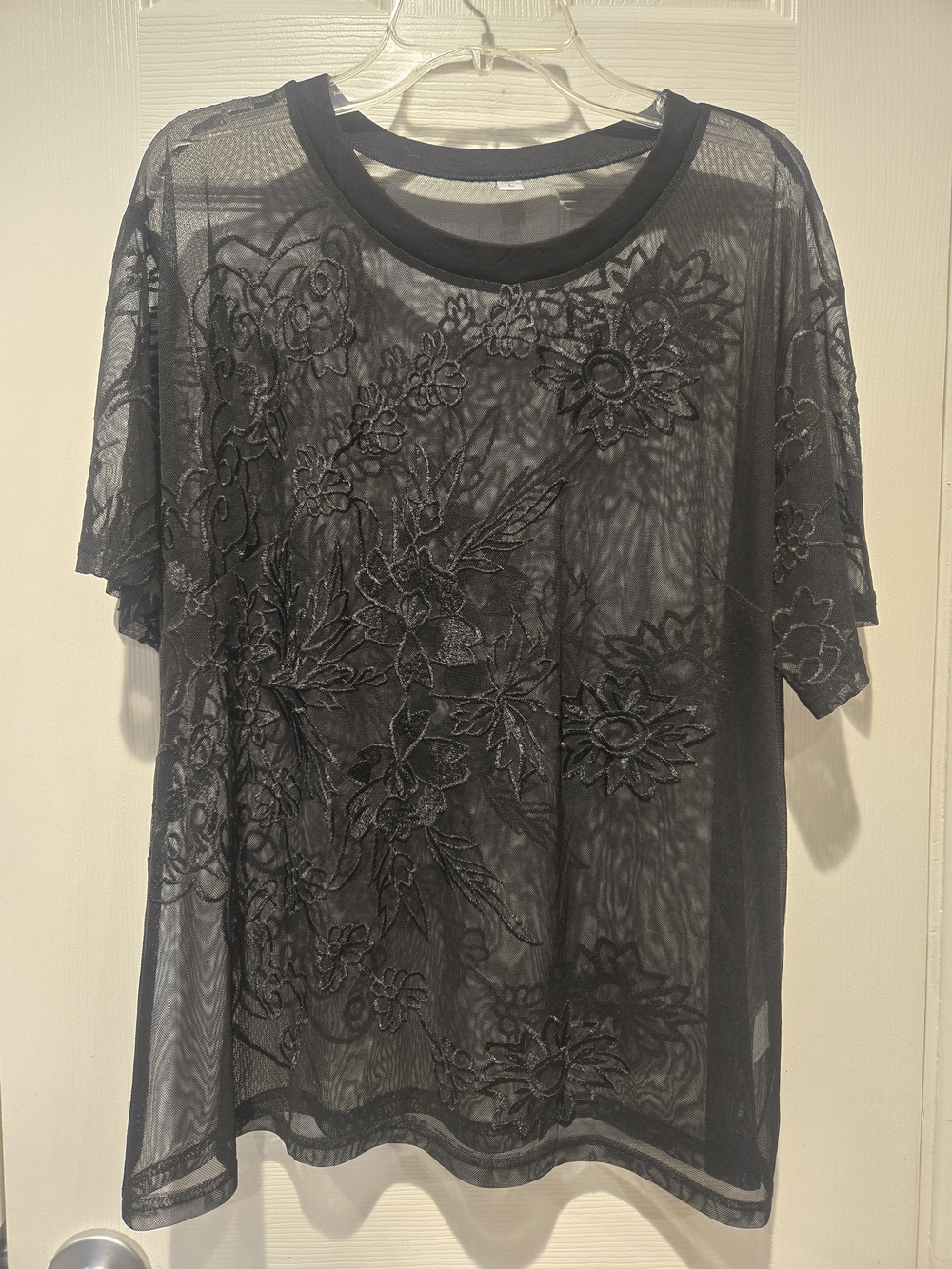 Whimsigoth Short-Sleeve Embroidered Mesh Top in Black Sheer Mesh Fabric Floral L